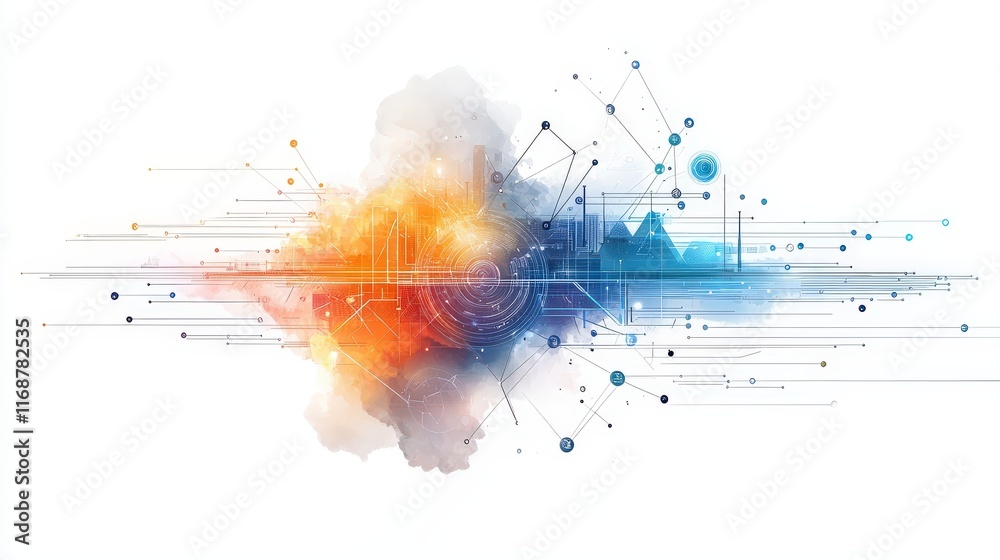 Poster technological elements like data streams and digital grids floating in space, with a clean white bac