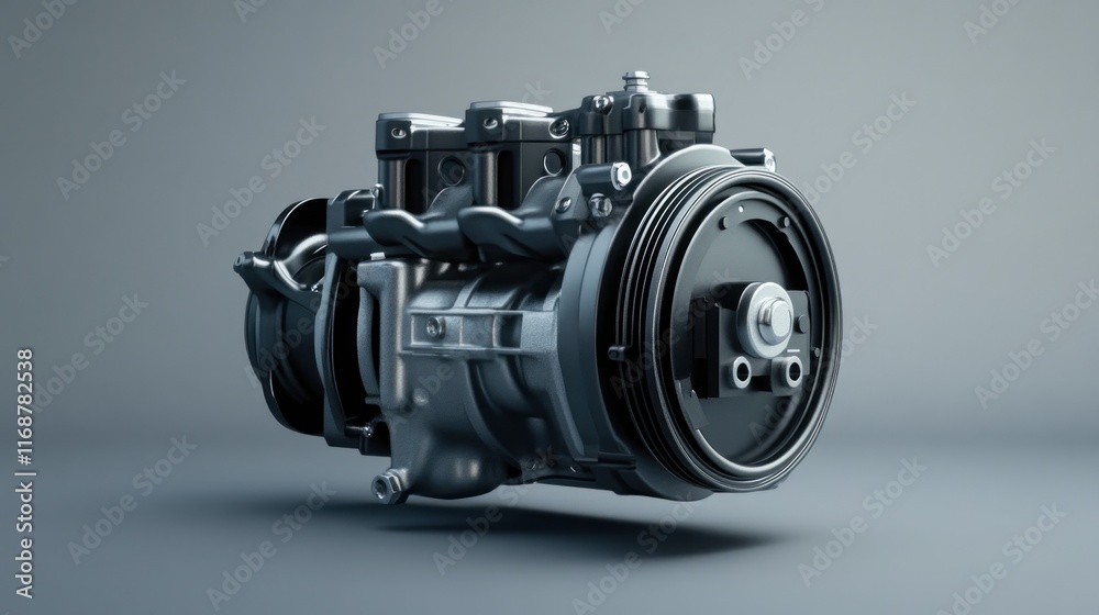 Poster a detailed rendering of an automotive air conditioning compressor.
