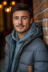 Fototapeta premium Confident Young Man Leaning Against Brick Wall for National Walter Day, Christmas, and New Years Celebrations