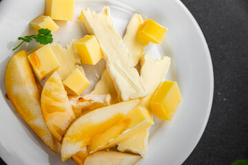 Cheese plate French cheeses fresh tasty food dish delicious gourmet food background on the table rustic food top view copy space