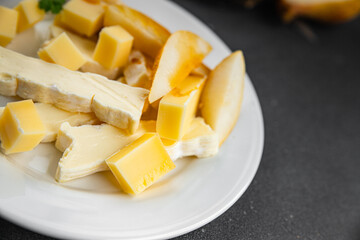 Cheese plate French cheeses fresh tasty food dish delicious gourmet food background on the table rustic food top view copy space