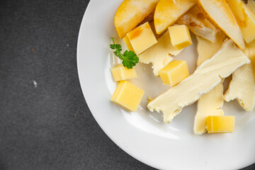 Cheese plate French cheeses fresh tasty food dish delicious gourmet food background on the table rustic food top view copy space