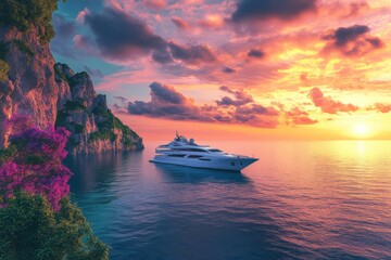 A luxurious yacht floating gracefully on the calm waters of an exotic island at sunset