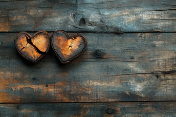 Two wooden hearts with cracks lie on a rough, aged wooden surface, representing emotional hurt and lost connections. The contrast highlights a theme of heartbreak and nostalgia.