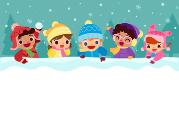 Fototapeta premium kids in winter clothes play with snow beside blank space