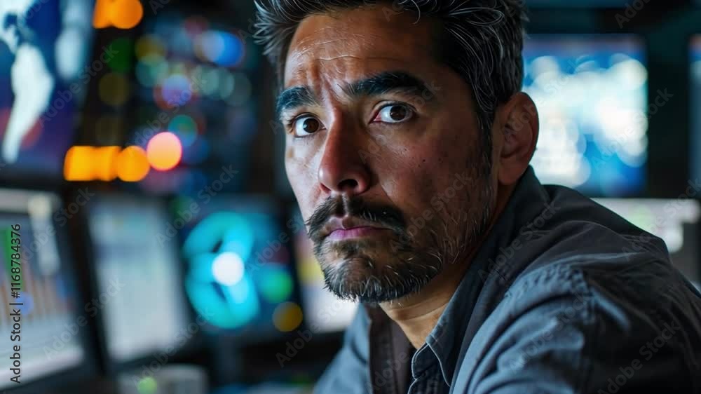 Poster Focused on his work, a security analyst observes multiple screens displaying real-time data and analytics in a modern command center, ensuring safety and security during a crucial operation.