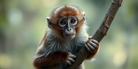 Obraz premium A Young Primate's Tender Grip on a Branch in a Verdant Setting