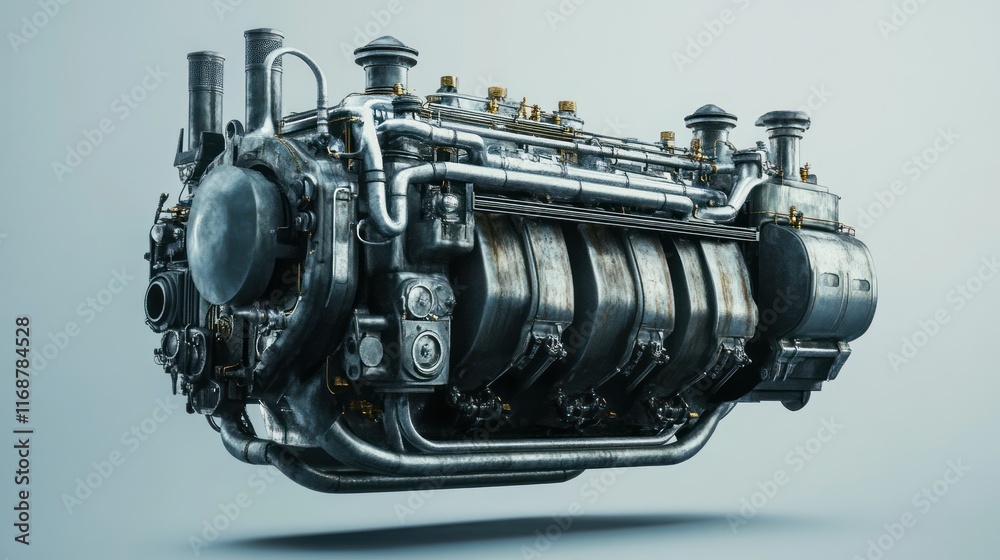 Poster a detailed view of a complex mechanical engine showcasing its intricate design and function.