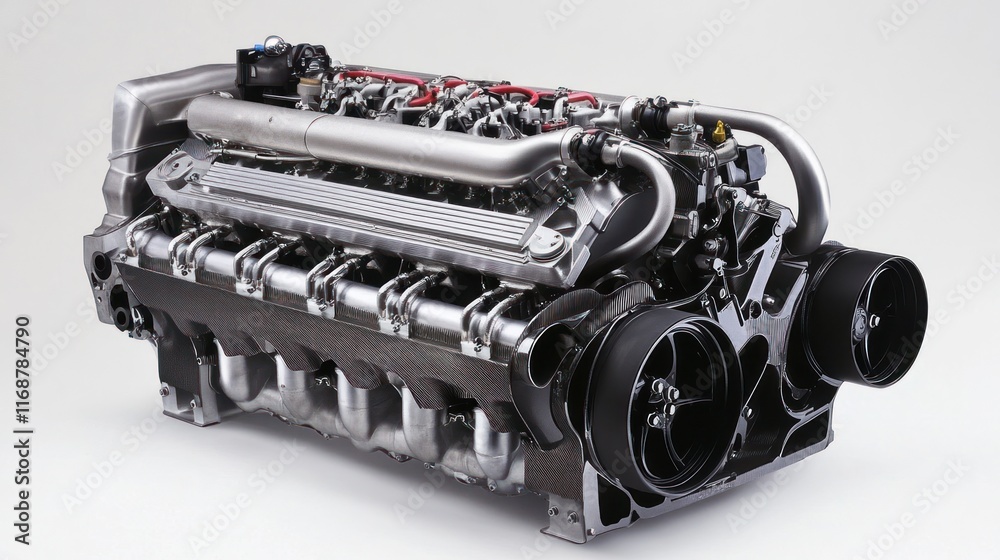 Poster A detailed view of a high-performance automotive engine showcasing its components.