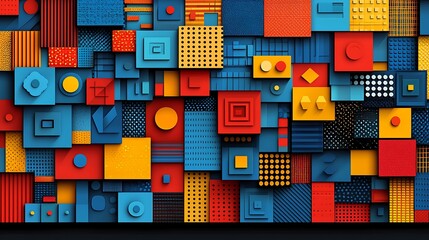 Abstract geometric pattern with colorful squares and shapes.
