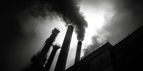 Black and white photo of a factory with smoke coming out of the top