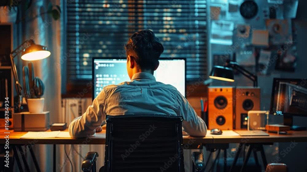 Poster In a dimly lit room, a person sits at a desk engaged with a computer screen. Surrounding elements include decorative items, audio equipment, and ambient lighting that enhance the creative atmosphere.