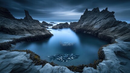 Obraz premium A tranquil tide pool filled with limpets and other marine life, nestled among dark, craggy rocks at Sintra Cascais Natural Park, Portugal