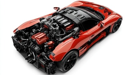 A detailed view of a high-performance sports car's engine and chassis.