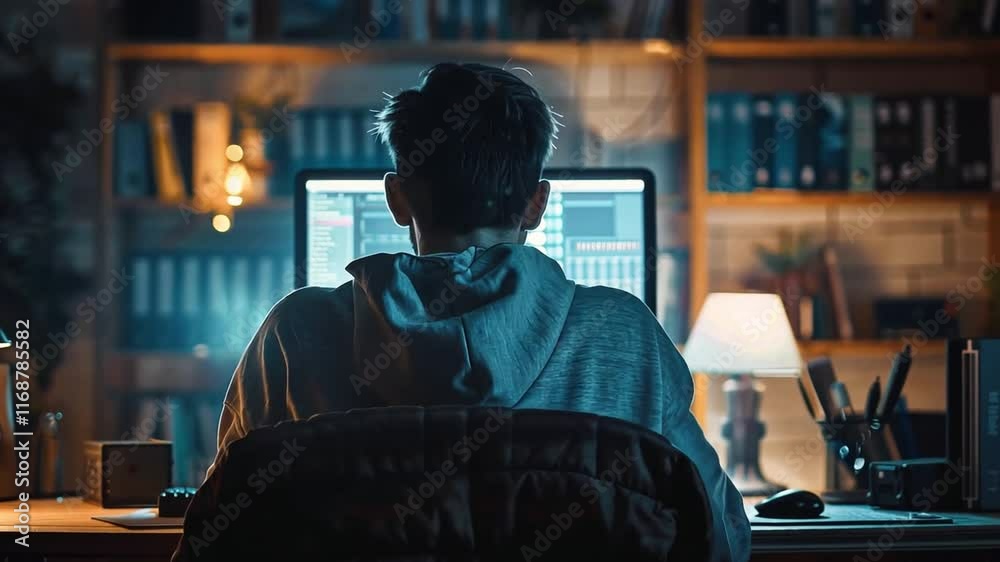 Poster a person is focused on a computer screen in a cozy home office after dark. the room is softly illumi