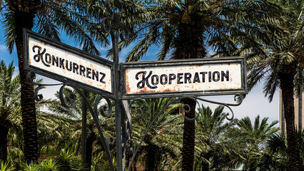 Fototapeta premium Signposts the direct way to cooperation versus competition