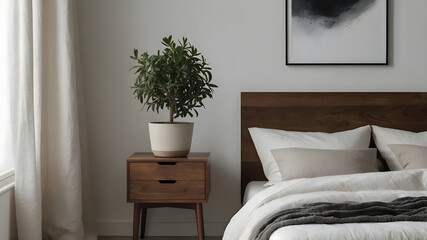Stylish bedroom interior with wooden furniture, potted plant, and cozy decor in natural light.