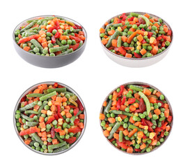 Different frozen vegetables isolated on white, set. Top and side views