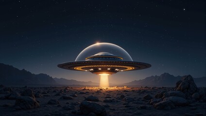 Spaceship hovering over rocky alien planet at night with stars