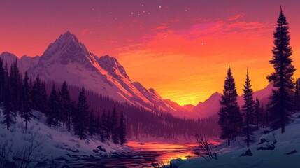 Obraz premium A vivid winter sunset paints the horizon in fiery tones, with snow-covered trees and towering peaks basking in the warm light.
