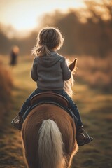 Child riding a horse during golden hour on a countryside path near trees and grasslands