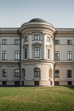 Side facade of Rozumovsky Palace in Baturyn - former hetmans' capital city. Avant-corpse risalit tower of a palace in classicism style. Baturyn, Chernihiv region, Ukraine - October 14 2020. 
