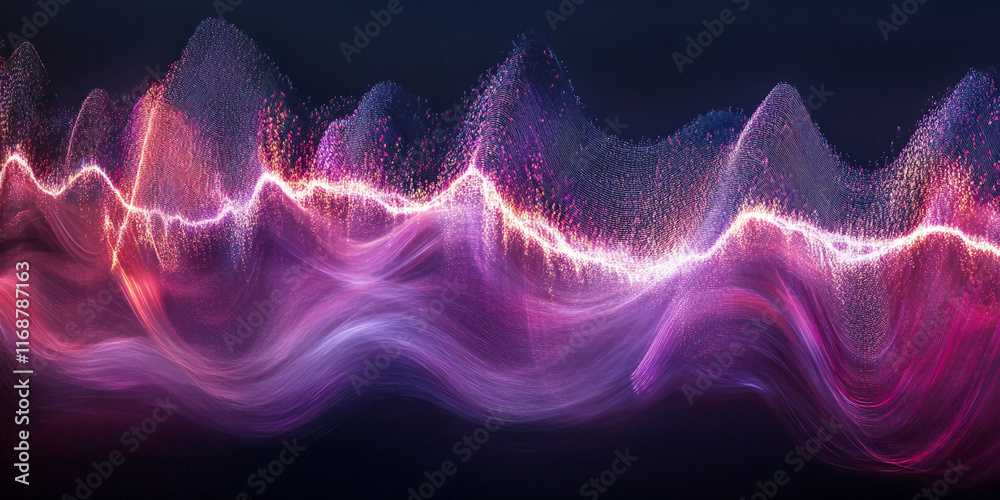 Poster a dynamic, glowing purple and magenta soundwave effect with particles and light trails.