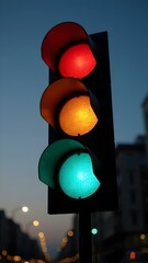 Traffic Light at Sunset with Red, Yellow, and Green Signals, regulation, control, stop, go, caution, transport, safety, intersection, rules, city, road, street, warning, control