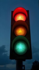 Traffic Light at Sunset with Red, Yellow, and Green Signals, regulation, control, stop, go, caution, transport, safety, intersection, rules, city, road, street, warning, control