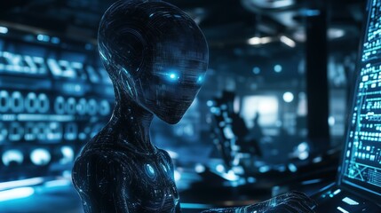 Fototapeta premium Futuristic AI humanoid in a high-tech control room