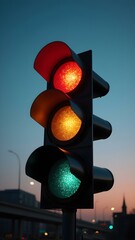 Traffic Light at Sunset with Red, Yellow, and Green Signals, regulation, control, stop, go, caution, transport, safety, intersection, rules, city, road, street, warning, control