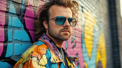Stylish man posing against vibrant graffiti backdrop