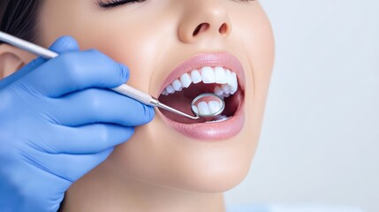 A dental professional examining a patient's mouth with tools.