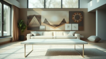 Fototapeta premium Modern minimalist living room with a white coffee table and neutral decor