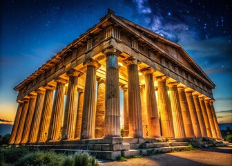 Obraz premium Hephaisteion Temple at Night, Dramatic Low Light Athens, Greece
