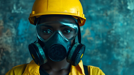 Naklejka premium Gas mask wear a girl on yellow colour for business poster 