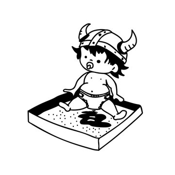      A little Viking child plays in the sandbox