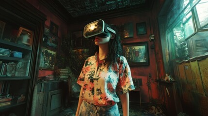 Fototapeta premium Person wearing VR headset in a cluttered room.