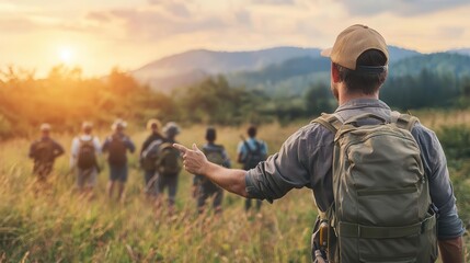 Wildlife biologist directing a field team in tracking endangered species, methodical and clear, focus, prioritization, leadership