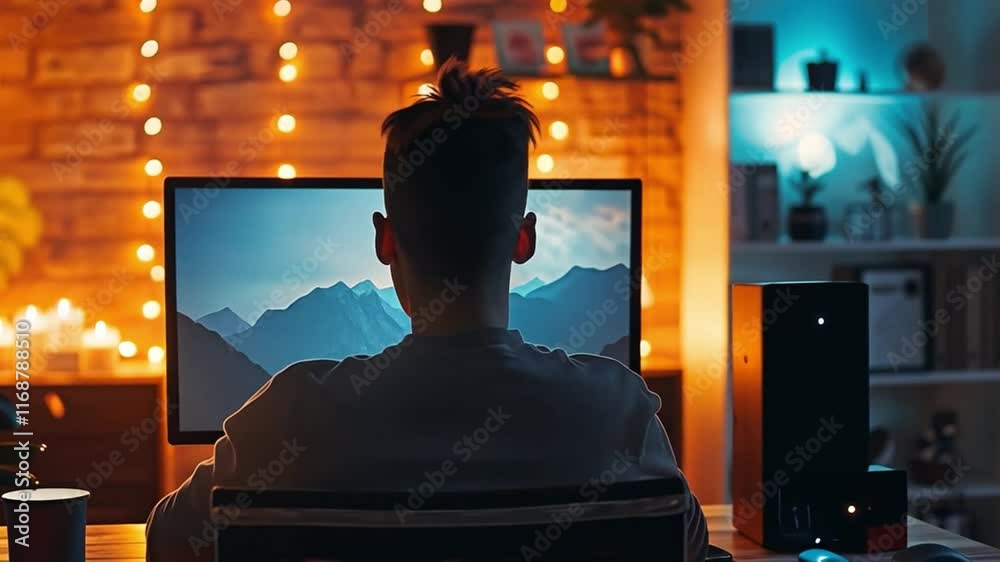 Aufkleber a person sits at a desk immersed in creative tasks on a computer, surrounded by soft lighting and de