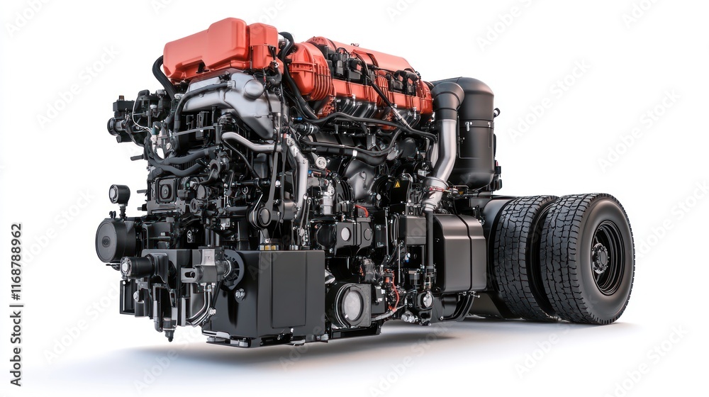 Poster a detailed view of a truck engine showcasing its components and design.