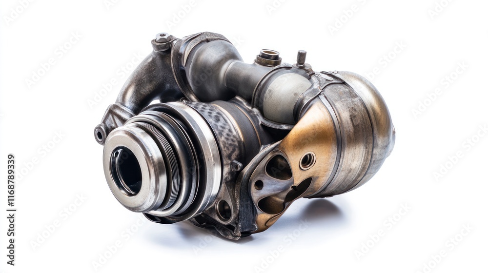 Poster a detailed view of a turbocharger, showcasing its mechanical components and design.