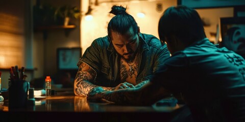 Obraz premium Man with tattoos on his arm is sitting at a table with another man