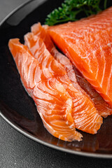 salmon raw fresh fish seafood fresh tasty food dish вelicious gourmet food background on the table rustic food top view copy space pescetarian  diet Vegetarian food