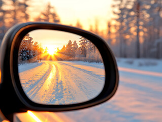 Close-up of a cars rearview mirror showing snow road