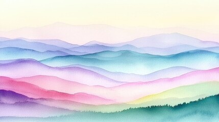 Grungy abstract background idea. Vibrant watercolor mountain landscape with soft pastel colors and serene atmosphere.