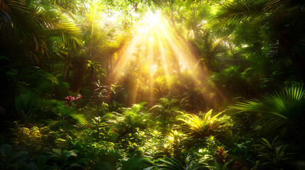 Obraz premium Lush tropical rainforest bathed in sunlight, vibrant green foliage, sunbeams penetrating the canopy, creating a magical atmosphere.