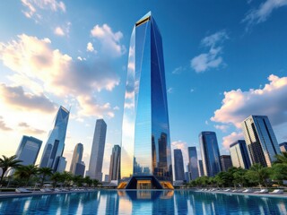 Obraz premium Modern Skyscraper with Reflective Pool in Urban Cityscape