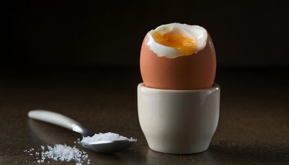 soft-boiled egg in ceramic egg cup with a golden yolk served with a spoon and coarse salt on a dark table
