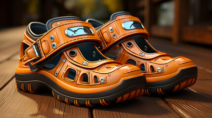 Rugged Orange and Black Sandals on Brick Surface - Versatile Footwear Stock Photo